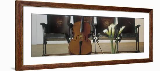 Cello Leaning on Attached Chairs-null-Framed Photographic Print
