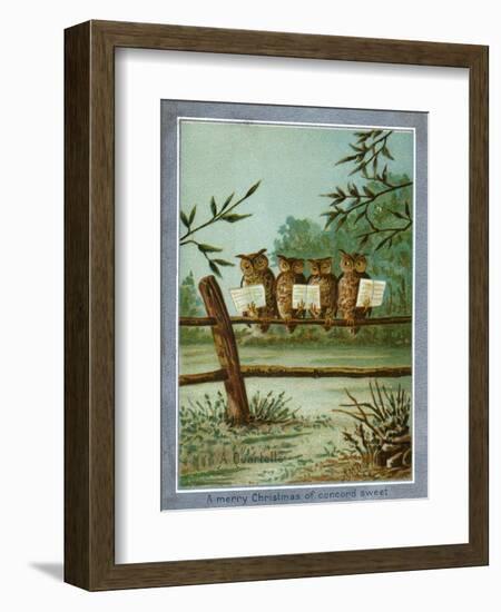 Center Warshaw Collection of Business Americana Series: A Quartette of 4 Owls on fence-null-Framed Art Print