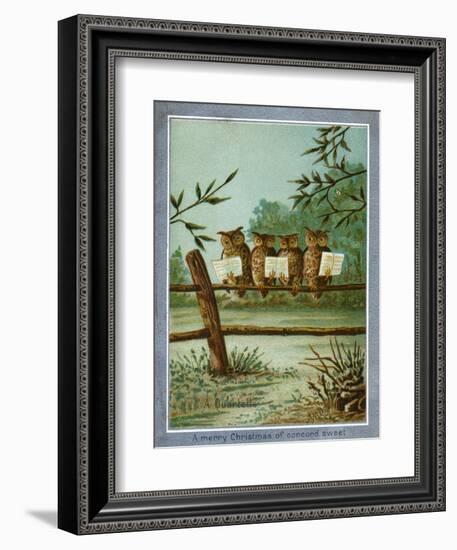 Center Warshaw Collection of Business Americana Series: A Quartette of 4 Owls on fence-null-Framed Art Print