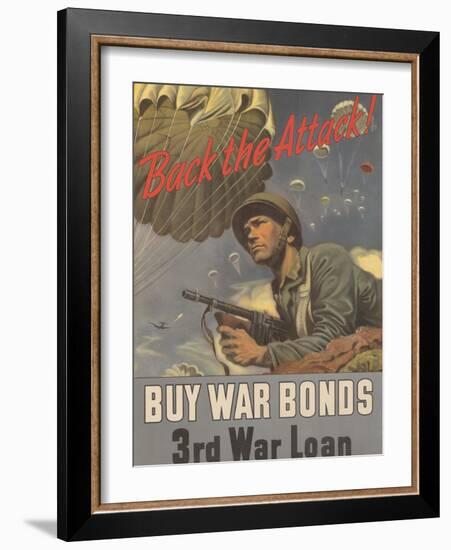 Center Warshaw Collection, Treasury Poster. Back the Attack! BUY WAR BONDS-null-Framed Art Print