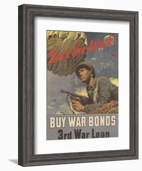 Center Warshaw Collection, Treasury Poster. Back the Attack! BUY WAR BONDS-null-Framed Art Print