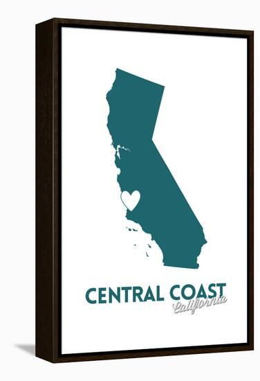 Central Coast, California - State Outline and Heart (Dark Blue)-Lantern Press-Framed Stretched Canvas