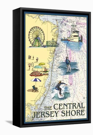 Central Jersey Shore - Nautical Chart-Lantern Press-Framed Stretched Canvas