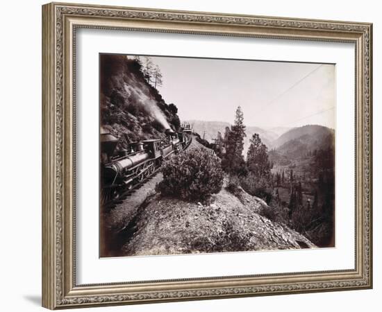 Central Pacific Railroad Train and Coaches in Yosemite Valley, 1861-69-Carleton Emmons Watkins-Framed Photographic Print