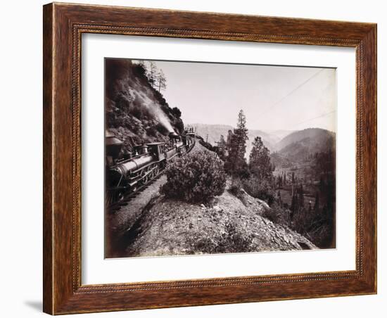 Central Pacific Railroad Train and Coaches in Yosemite Valley, 1861-69-Carleton Emmons Watkins-Framed Photographic Print