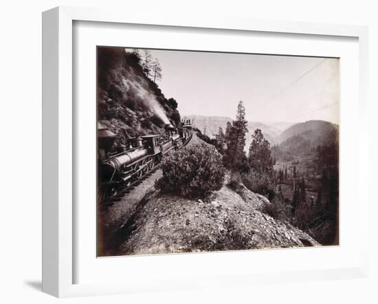 Central Pacific Railroad Train and Coaches in Yosemite Valley, 1861-69-Carleton Emmons Watkins-Framed Photographic Print