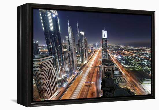 Centre of Dubai City, Panorama, Skyline, Evening Mood at Persian Gulf, Traffic-Axel Schmies-Framed Premier Image Canvas