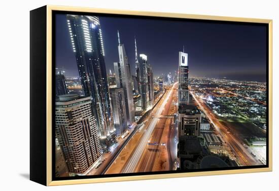 Centre of Dubai City, Panorama, Skyline, Evening Mood at Persian Gulf, Traffic-Axel Schmies-Framed Premier Image Canvas