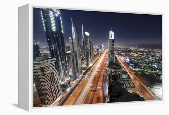 Centre of Dubai City, Panorama, Skyline, Evening Mood at Persian Gulf, Traffic-Axel Schmies-Framed Premier Image Canvas