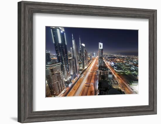 Centre of Dubai City, Panorama, Skyline, Evening Mood at Persian Gulf, Traffic-Axel Schmies-Framed Photographic Print