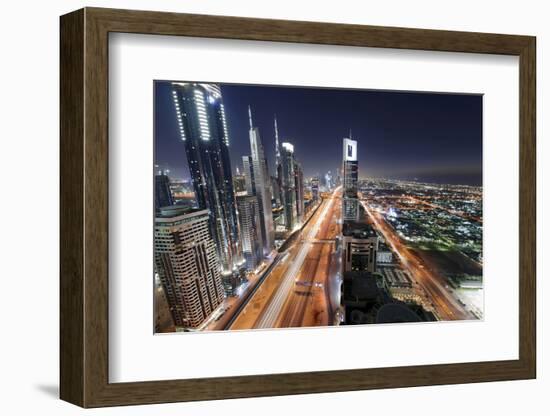 Centre of Dubai City, Panorama, Skyline, Evening Mood at Persian Gulf, Traffic-Axel Schmies-Framed Photographic Print