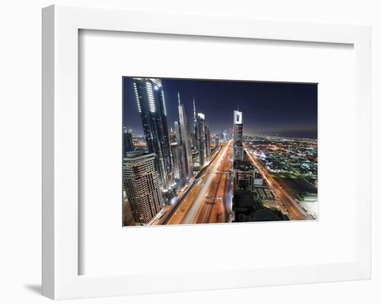 Centre of Dubai City, Panorama, Skyline, Evening Mood at Persian Gulf, Traffic-Axel Schmies-Framed Photographic Print