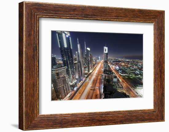 Centre of Dubai City, Panorama, Skyline, Evening Mood at Persian Gulf, Traffic-Axel Schmies-Framed Photographic Print