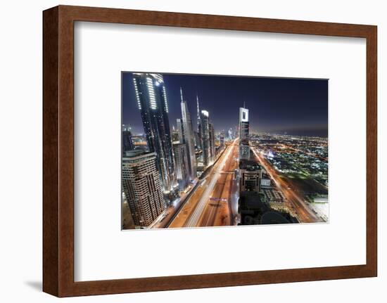 Centre of Dubai City, Panorama, Skyline, Evening Mood at Persian Gulf, Traffic-Axel Schmies-Framed Photographic Print