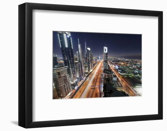 Centre of Dubai City, Panorama, Skyline, Evening Mood at Persian Gulf, Traffic-Axel Schmies-Framed Photographic Print