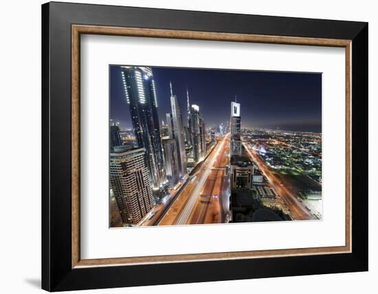 Centre of Dubai City, Panorama, Skyline, Evening Mood at Persian Gulf, Traffic-Axel Schmies-Framed Photographic Print