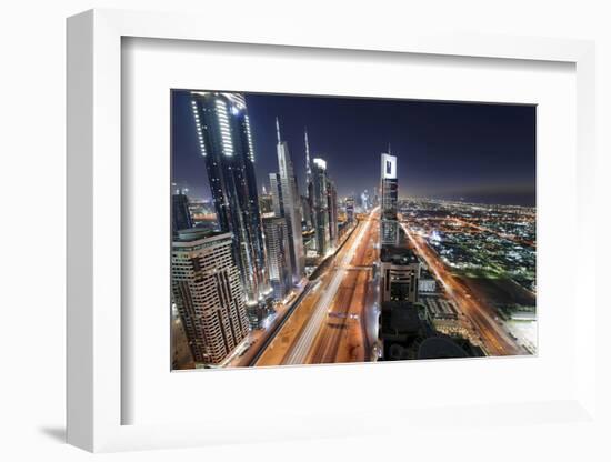 Centre of Dubai City, Panorama, Skyline, Evening Mood at Persian Gulf, Traffic-Axel Schmies-Framed Photographic Print