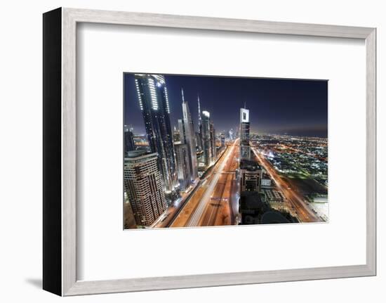 Centre of Dubai City, Panorama, Skyline, Evening Mood at Persian Gulf, Traffic-Axel Schmies-Framed Photographic Print