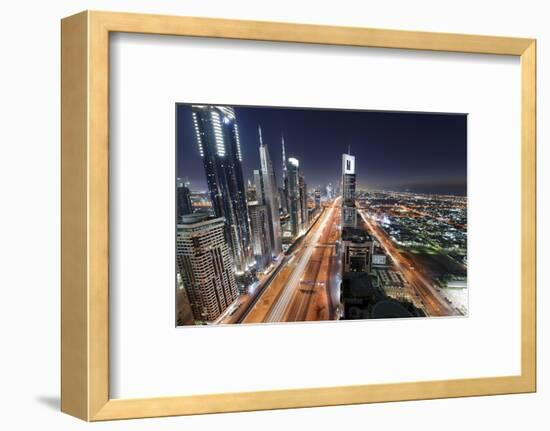 Centre of Dubai City, Panorama, Skyline, Evening Mood at Persian Gulf, Traffic-Axel Schmies-Framed Photographic Print