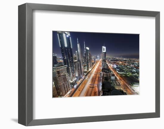 Centre of Dubai City, Panorama, Skyline, Evening Mood at Persian Gulf, Traffic-Axel Schmies-Framed Photographic Print