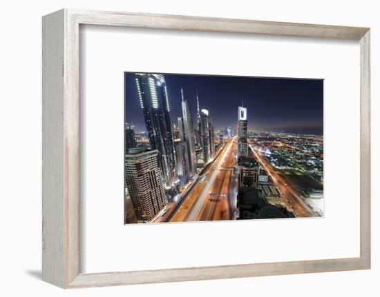 Centre of Dubai City, Panorama, Skyline, Evening Mood at Persian Gulf, Traffic-Axel Schmies-Framed Photographic Print