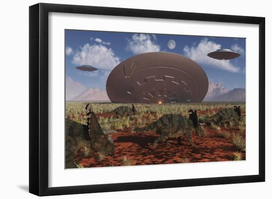 Centrosaurus Dinosaurs Walk Past a Ufo Stuck in the Ground-null-Framed Art Print