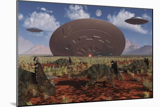 Centrosaurus Dinosaurs Walk Past a Ufo Stuck in the Ground-null-Mounted Art Print