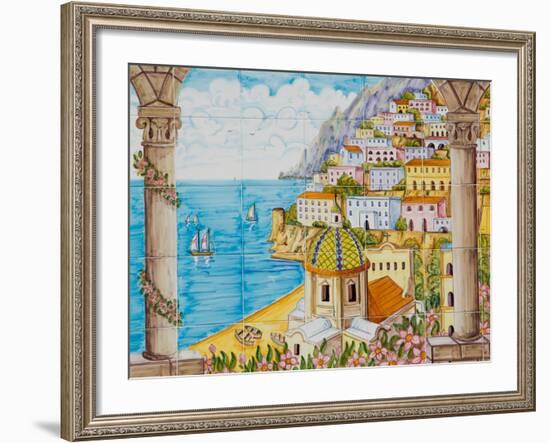 Ceramic Shop with Positano View Done in Tile, Positano, Amalfi, Campania, Italy-Walter Bibikow-Framed Photographic Print