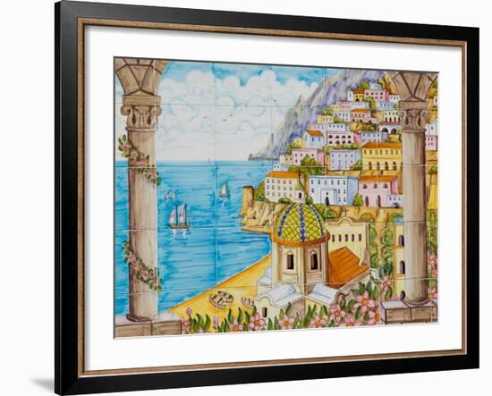 Ceramic Shop with Positano View Done in Tile, Positano, Amalfi, Campania, Italy-Walter Bibikow-Framed Photographic Print