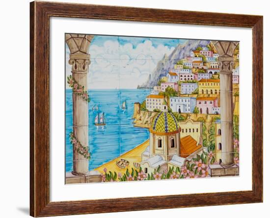 Ceramic Shop with Positano View Done in Tile, Positano, Amalfi, Campania, Italy-Walter Bibikow-Framed Photographic Print