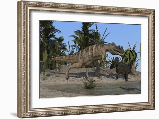 Ceratosaurus Hunting Down a Triceratops-null-Framed Art Print