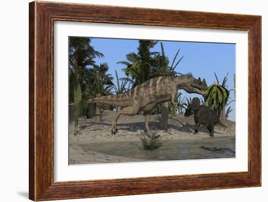 Ceratosaurus Hunting Down a Triceratops-null-Framed Art Print