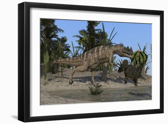 Ceratosaurus Hunting Down a Triceratops-null-Framed Art Print