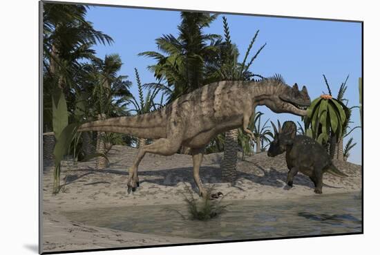 Ceratosaurus Hunting Down a Triceratops-null-Mounted Art Print