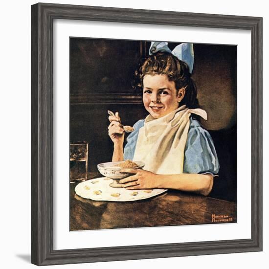 Cereal Bowl (or Girl with Blue Bow Eating Cereal)-Norman Rockwell-Framed Giclee Print