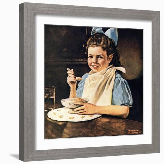 Cereal Bowl (or Girl with Blue Bow Eating Cereal)-Norman Rockwell-Framed Giclee Print