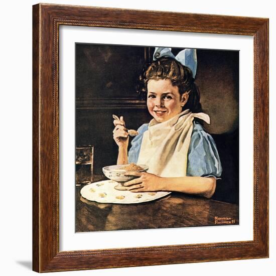 Cereal Bowl (or Girl with Blue Bow Eating Cereal)-Norman Rockwell-Framed Giclee Print