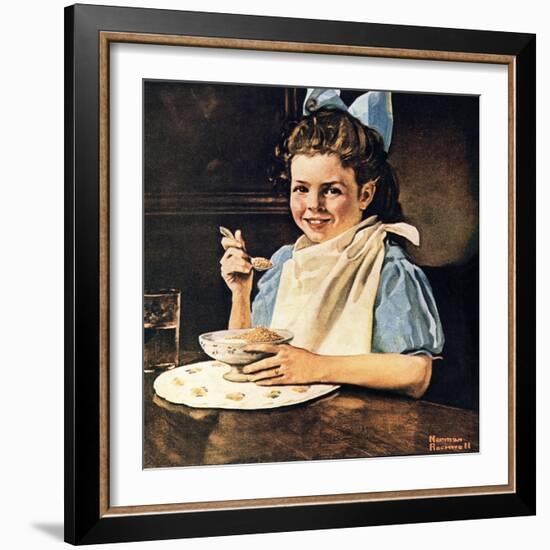 Cereal Bowl (or Girl with Blue Bow Eating Cereal)-Norman Rockwell-Framed Giclee Print