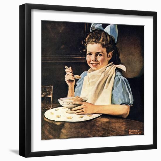 Cereal Bowl (or Girl with Blue Bow Eating Cereal)-Norman Rockwell-Framed Giclee Print