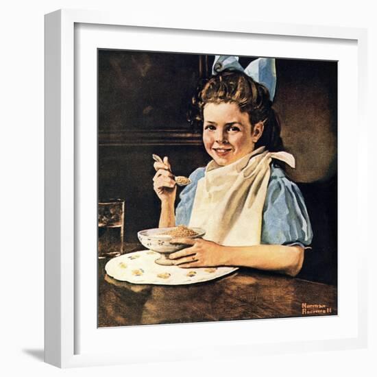 Cereal Bowl (or Girl with Blue Bow Eating Cereal)-Norman Rockwell-Framed Giclee Print