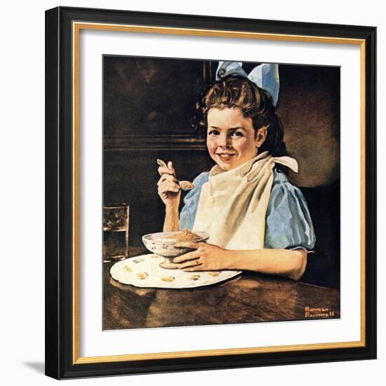 Cereal Bowl (or Girl with Blue Bow Eating Cereal)-Norman Rockwell-Framed Giclee Print