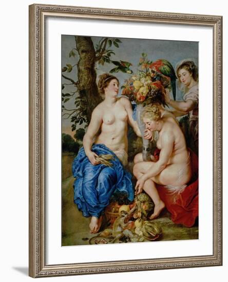 Ceres and Two Nymphs, Animals and Fruit by Snyders, Painted Between 1620-28-Peter Paul Rubens-Framed Giclee Print