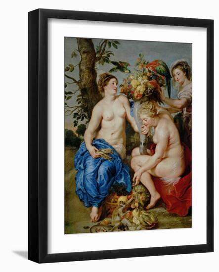 Ceres and Two Nymphs, Animals and Fruit by Snyders, Painted Between 1620-28-Peter Paul Rubens-Framed Giclee Print