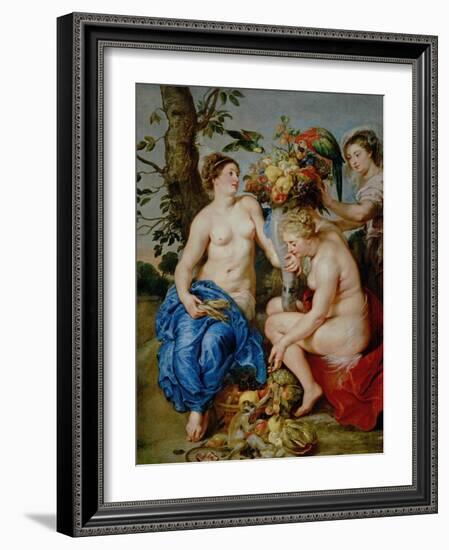 Ceres and Two Nymphs, Animals and Fruit by Snyders, Painted Between 1620-28-Peter Paul Rubens-Framed Giclee Print