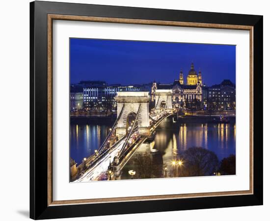 Chain Bridge and St. Stephen's Basilica at Dusk, UNESCO World Heritage Site, Budapest, Hungary, Eur-Stuart Black-Framed Photographic Print