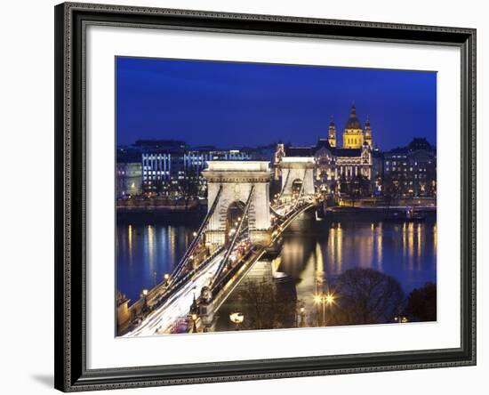 Chain Bridge and St. Stephen's Basilica at Dusk, UNESCO World Heritage Site, Budapest, Hungary, Eur-Stuart Black-Framed Photographic Print
