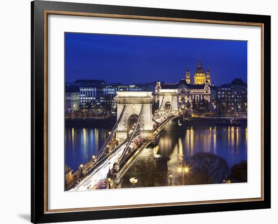 Chain Bridge and St. Stephen's Basilica at Dusk, UNESCO World Heritage Site, Budapest, Hungary, Eur-Stuart Black-Framed Photographic Print