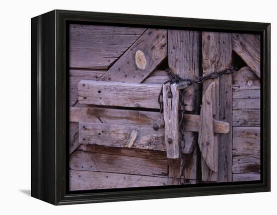 Chains and Lock on Weathered Barn Door-Mick Roessler-Framed Premier Image Canvas