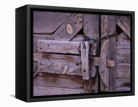 Chains and Lock on Weathered Barn Door-Mick Roessler-Framed Premier Image Canvas