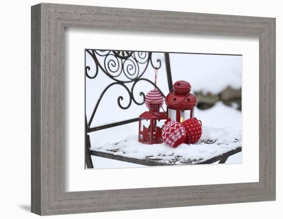 Chair in the Snow with Lantern, Balls from Cord Material-Andrea Haase-Framed Photographic Print